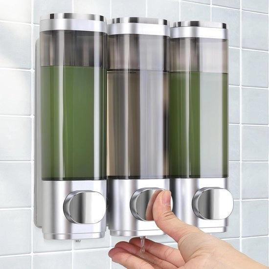 Set di 3 dispensatori di sapone per parete, con dosaggio uniforme, chiusura ermetica e adatti a shampoo, gel doccia, sapone per le mani e condizionante. Argento.