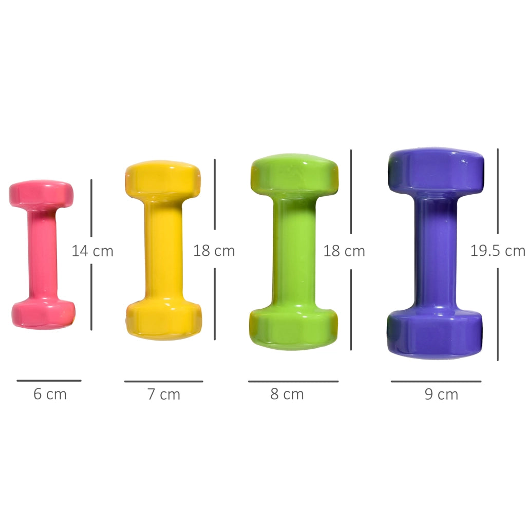 Set 4 Manubri Esagonali da 20 kg Totali in Acciaio e PU da 1 a 4kg. Multicolore