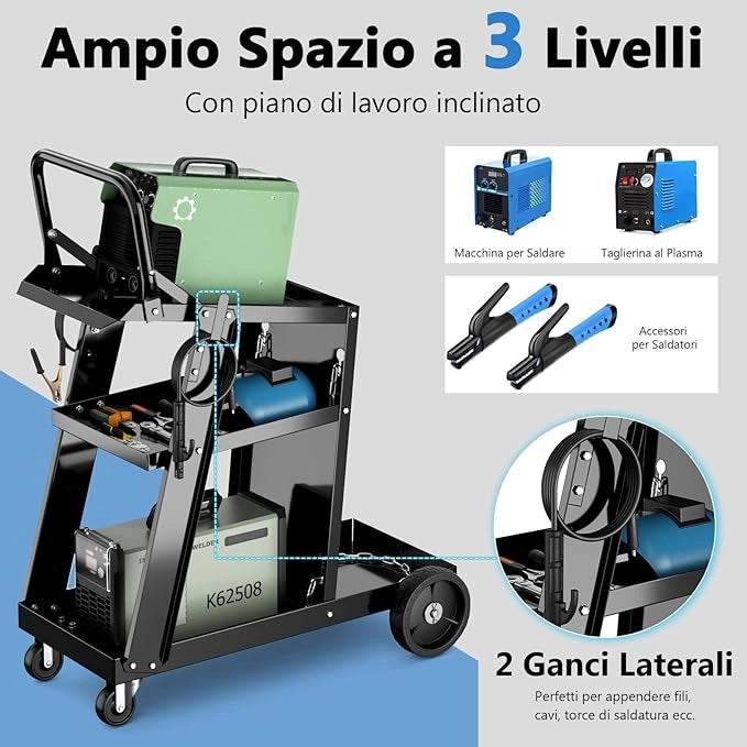 Carrello da Saldatura a 3 Livelli, Carrello per Saldatore con Struttura in Metallo, 4 Ruote Bloccabili Universal e Spazio per Serbatoio con Catene Anti-Ribaltamento, Carrello per Officina