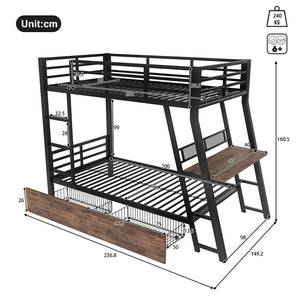 Letto a Castello con LED e Scrivania – Xylo – 90x200cm, Ferro, Cassetti, Paracolpi, Scaletta, Nero, Senza Materasso