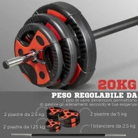 Set Bilanciere e Dischi da 20kg totali con Impugnatura in PU Antiscivolo, Ø17x140 cm, Nero e Rosso