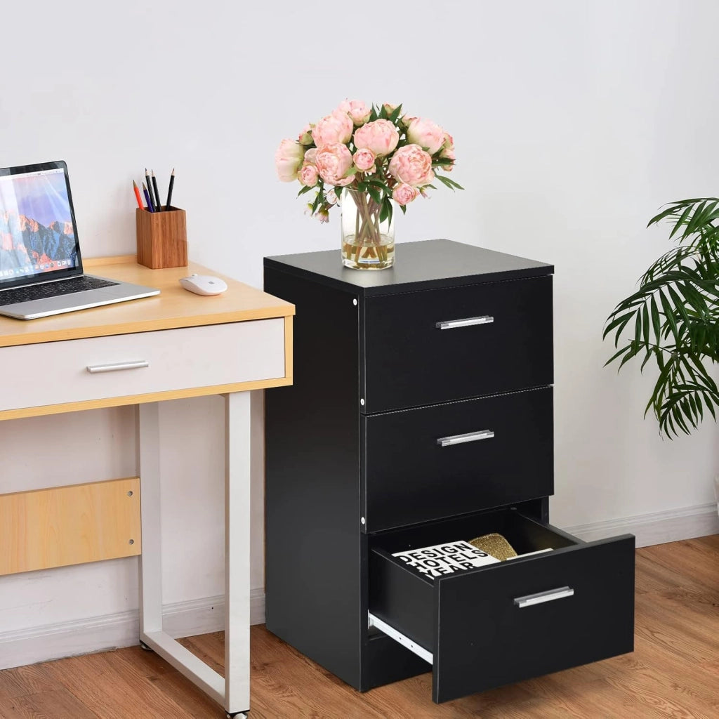 Comodino Camera, Armadietto Laterale, Mobiletto Fianco Letto, con 3 Cassetti, per Ufficio/Soggiorno/Studio, Portata di 80kg, 38x35x67cm, Nero/Bianco