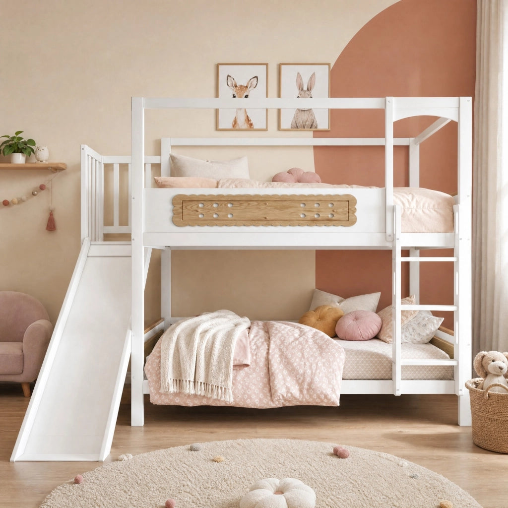 LETTO a castello 90x200 cm in legno bianco e naturale con scivolo e scala