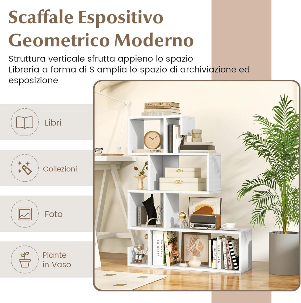 Libreria a Forma di S a 4 Ripiani, Scaffale Aperto Portaoggetti in Legno, Scaffale Verticale Separatore Multifunzionale, per Camera da Letto, Studio, Soggiorno, 80 x 22 x 100 cm (Bianco)