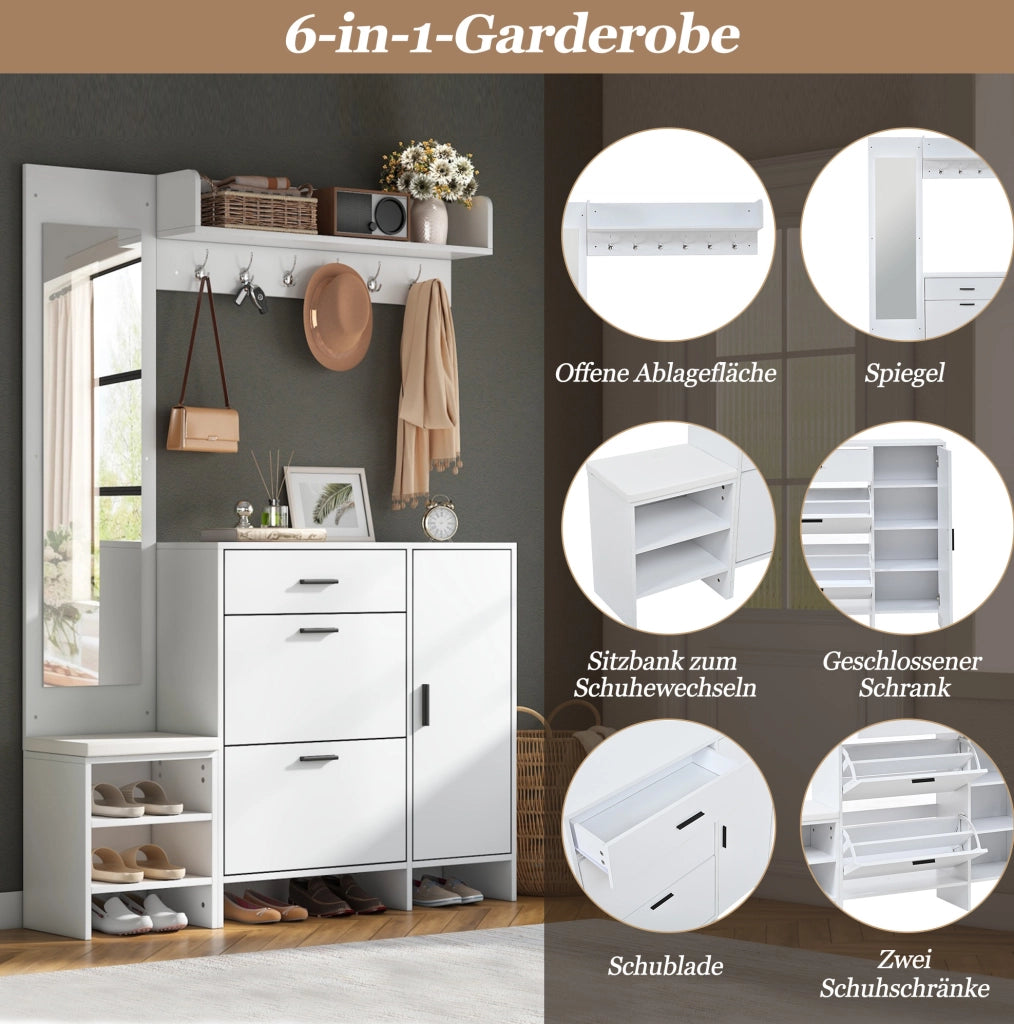 Mobile da ingresso bianco con scarpiera, specchio, panca e ganci 140x30x200 cm