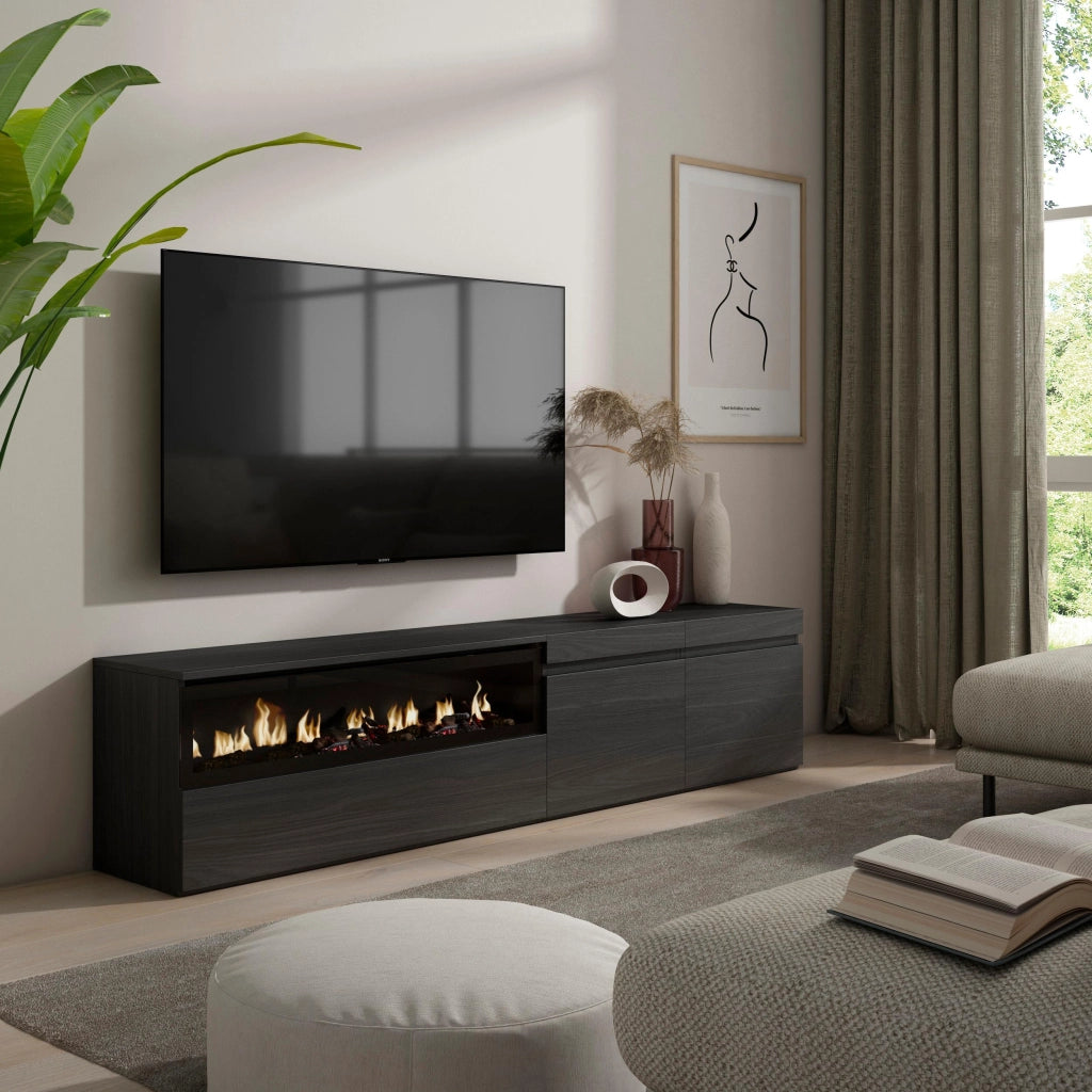 Mobile TV, 200x35x45cm, soggiorno, Per TV fino a 80", Camino elettrico, Nero RF2181