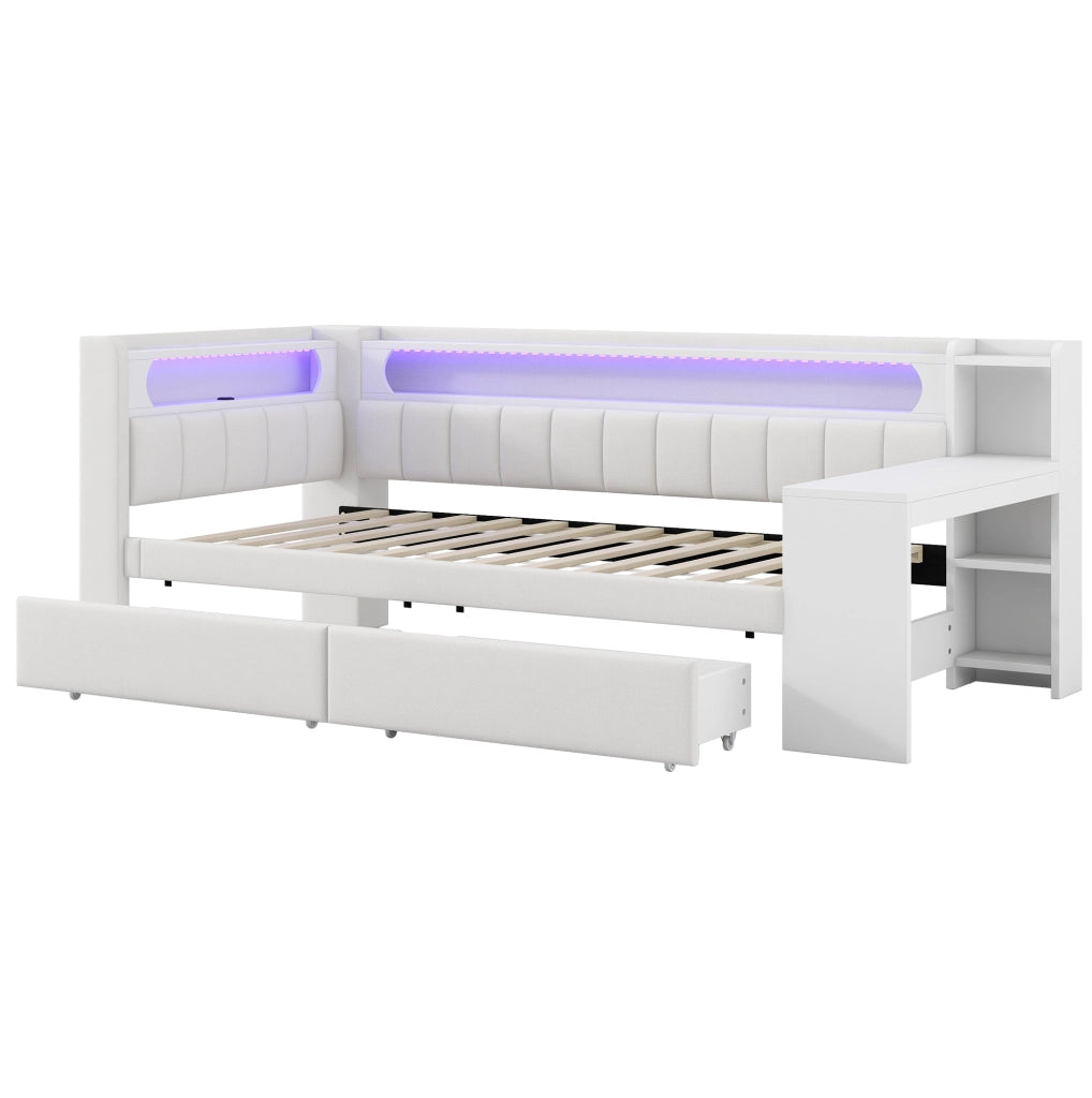 Letto daybed 90x200 cm con USB; LED; scrivania e 2 cassetti in MDF; multistrato e imbottito bianco