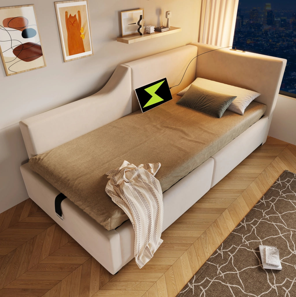 Letto a giorno 90x190 cm con contenitore; luce da lettura e USB C; velluto beige