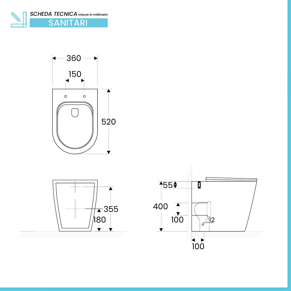 Wc filomuro bianco design tondo in ceramica con scarico Rimless Ukra