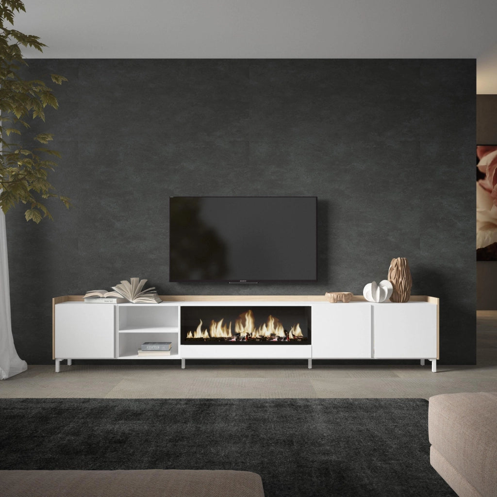 Mobile TV Soggiorno, 315x61x35 cm, Per TV fino a 80", Camino elettrico XXL, Design industriale, Bianco e Rovere soft