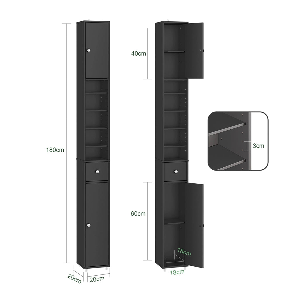 SoBuy BZR34-II-SCH Colonna Bagno Stretta - Mobile Bagno Idrorepellente, Alto con Ripiani Regolabili e Cassetto - Armadietto Salvaspazio, MDF, Nero, 20x180x20cm