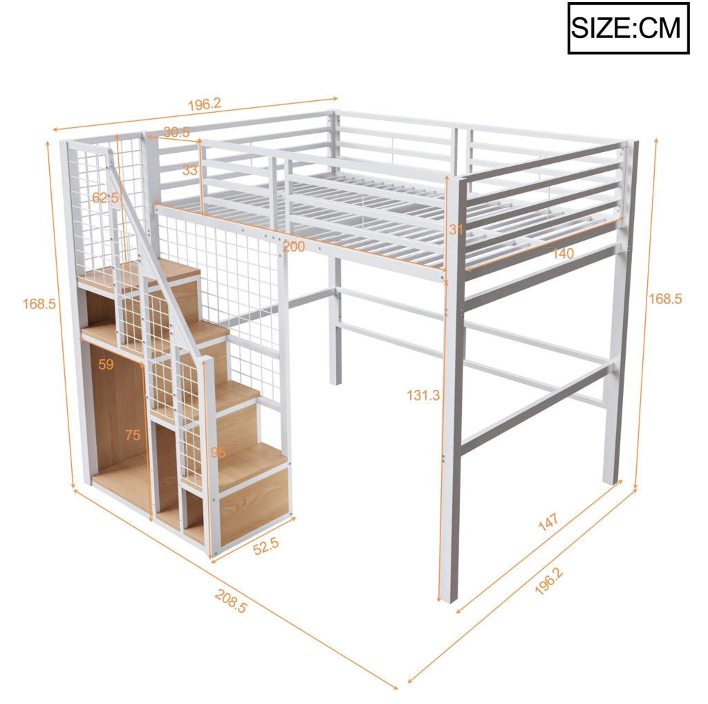 Letto a soppalco 140x200 cm con armadio e scala; in metallo e MDF; bianco