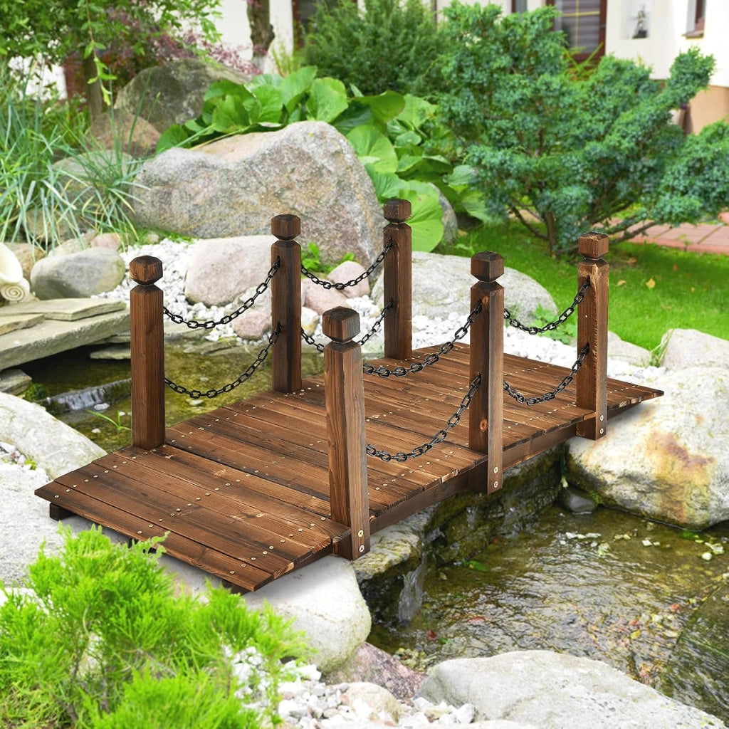 Ponte da Giardino in Legno di Abete Carbonizzato con Ringhiere di Catene, Ponticello Robusto Portata 180 kg, 150 x 67 x 55 cm, Marrone