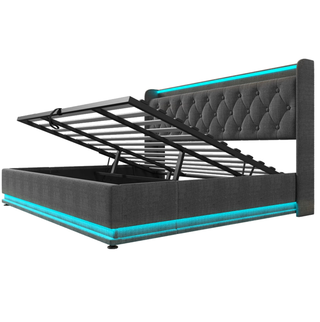 Letto contenitore imbottito ULEVR 180x200 cm con LED 360¡ã, USB e Type-C, testiera con ripiani, lino grigio