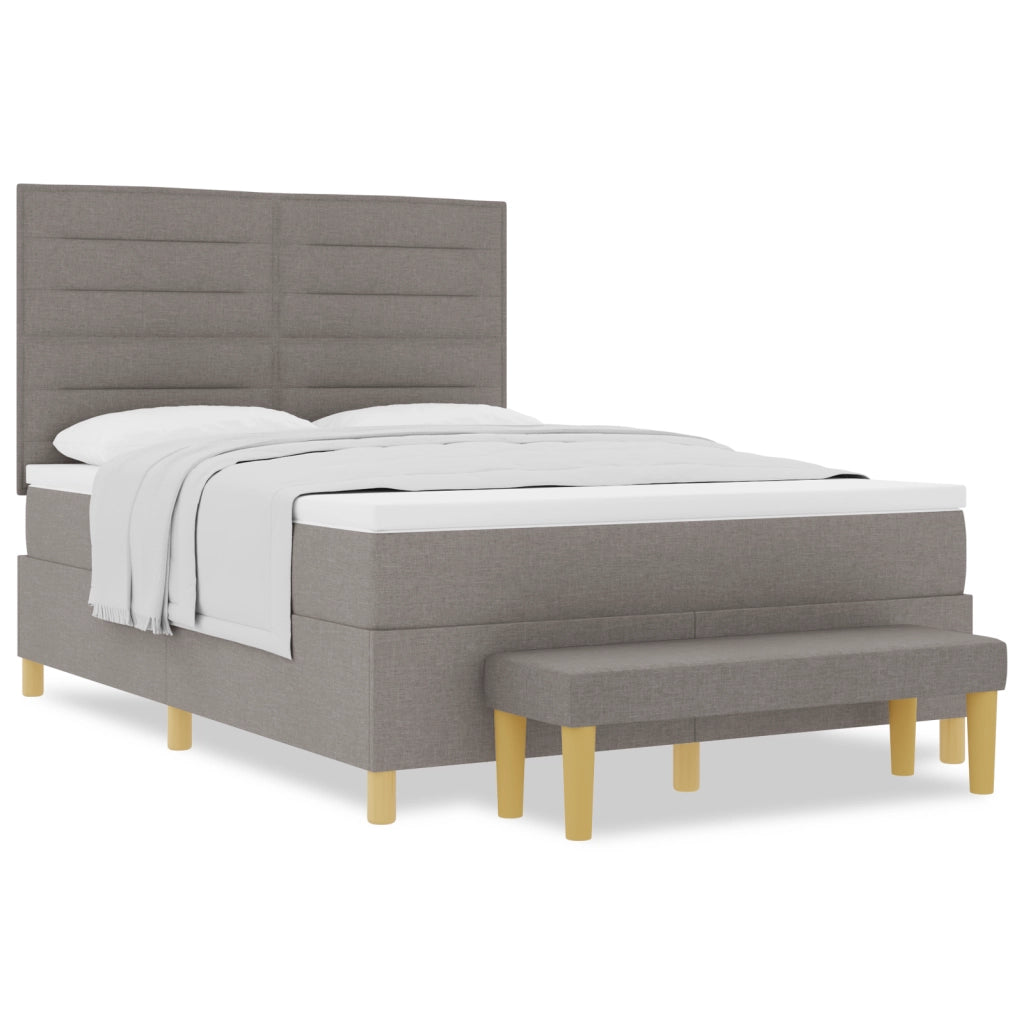 Letto con Box Spring e Materasso e Panchina Tortora 140x190 cm in Tessuto