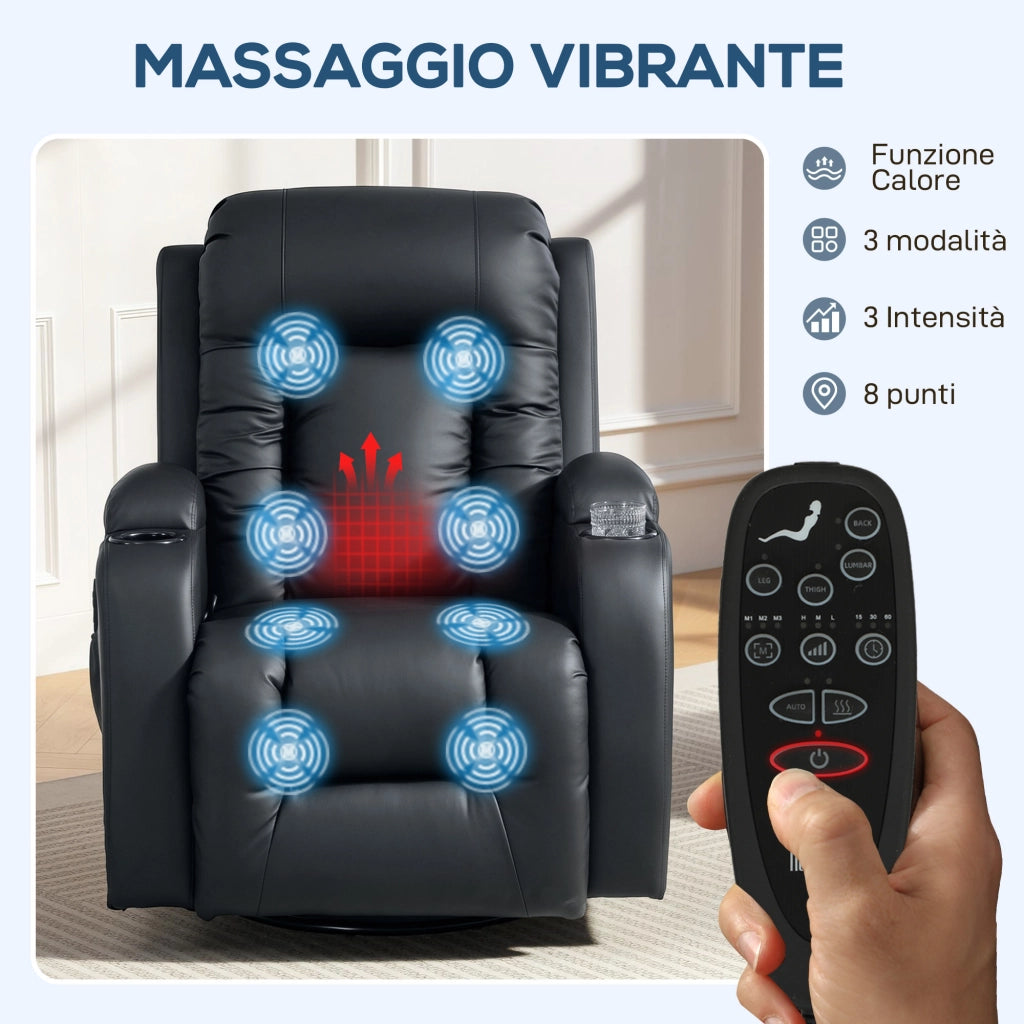 Poltrona Reclinabile Massaggiante e Riscaldata 8 Punti Massaggio e 3 Modalità con Telecomando in Pelle PU Nero