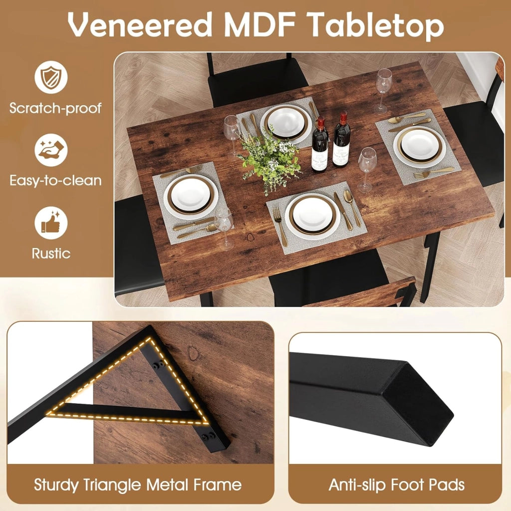 Set da Pranzo 5 Pezzi per 4 Persone, Tavolo da Cucina Rettangolare Industriale con 4 Sedie Imbottite con Gambe in Metallo, Seduta Imbottita, Mobili Salvaspazio per Colazione in Appartamento