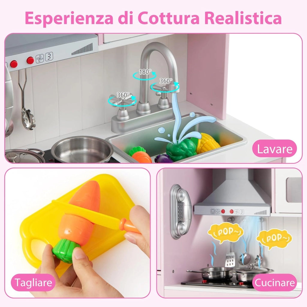 Cucina Giocattolo per Bambini, Cucina Legno per Bambini con Macchina del Ghiaccio, Telefono, Lavatrice, Microonde, Altezza Regolabile, Funzione Luci e Suoni, per Bambini 3+ Anni
