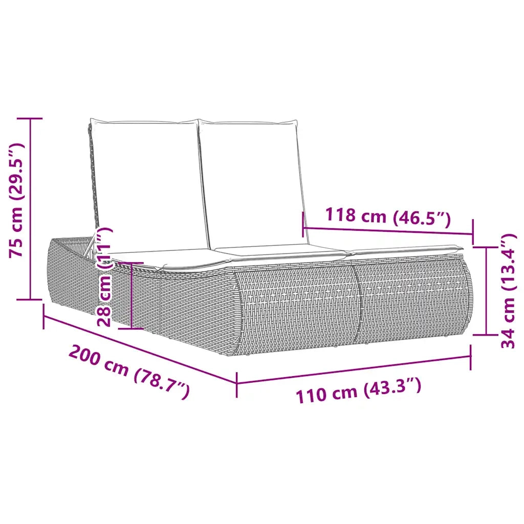 Lettino Prendisole Doppio con Cuscini Grigio in Polyrattan 368097