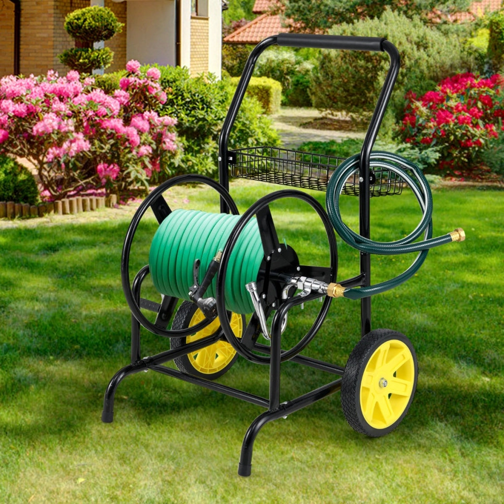 Carrello avvolgitubo da giardino con 2 ruote e cestino portaoggetti, Carrello tubo da giardino per esterni e giardino Nero-Attrezzi da giardino