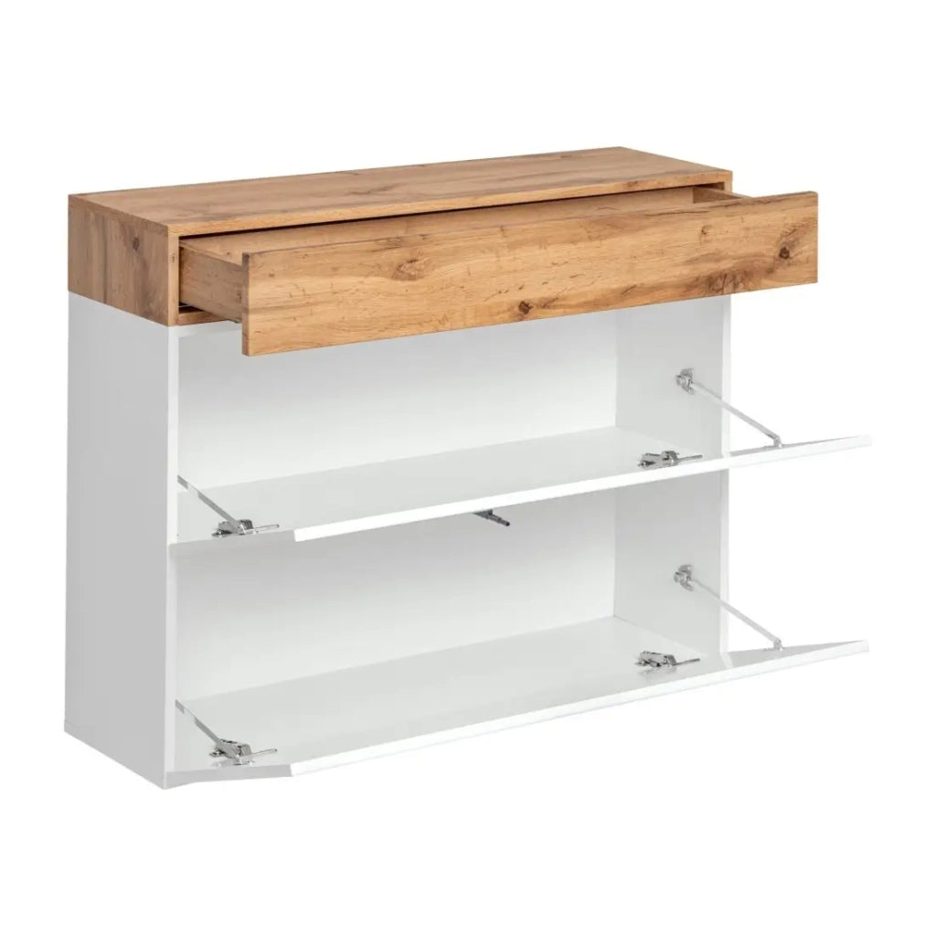 Mobile per scarpe TORTH – 2 ante a ribalta + 1 cassetto – Bianco e quercia