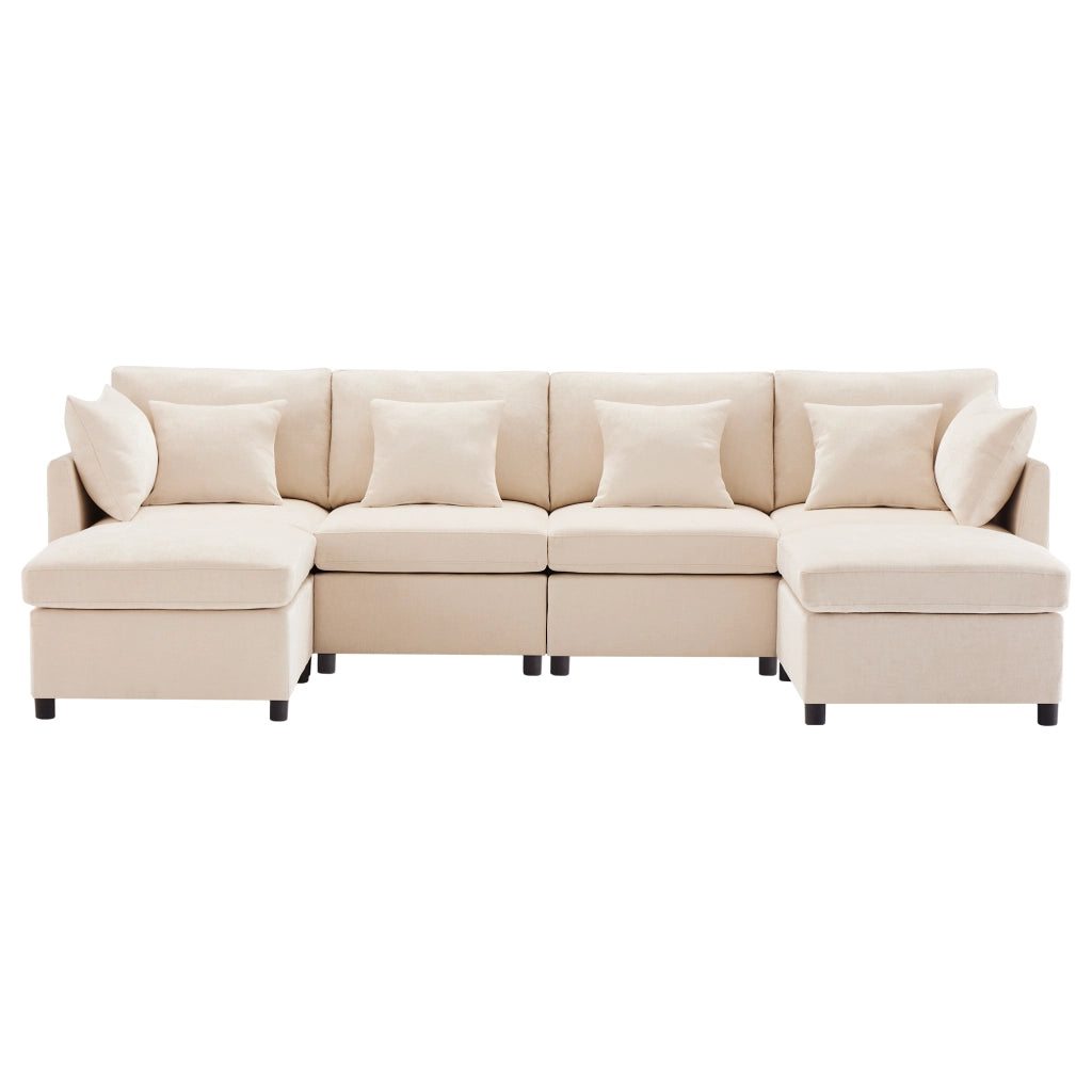 Divano modulare in chenille, trasformabile in configurazione U o L, con 2 pouf e 6 cuscini, beige
