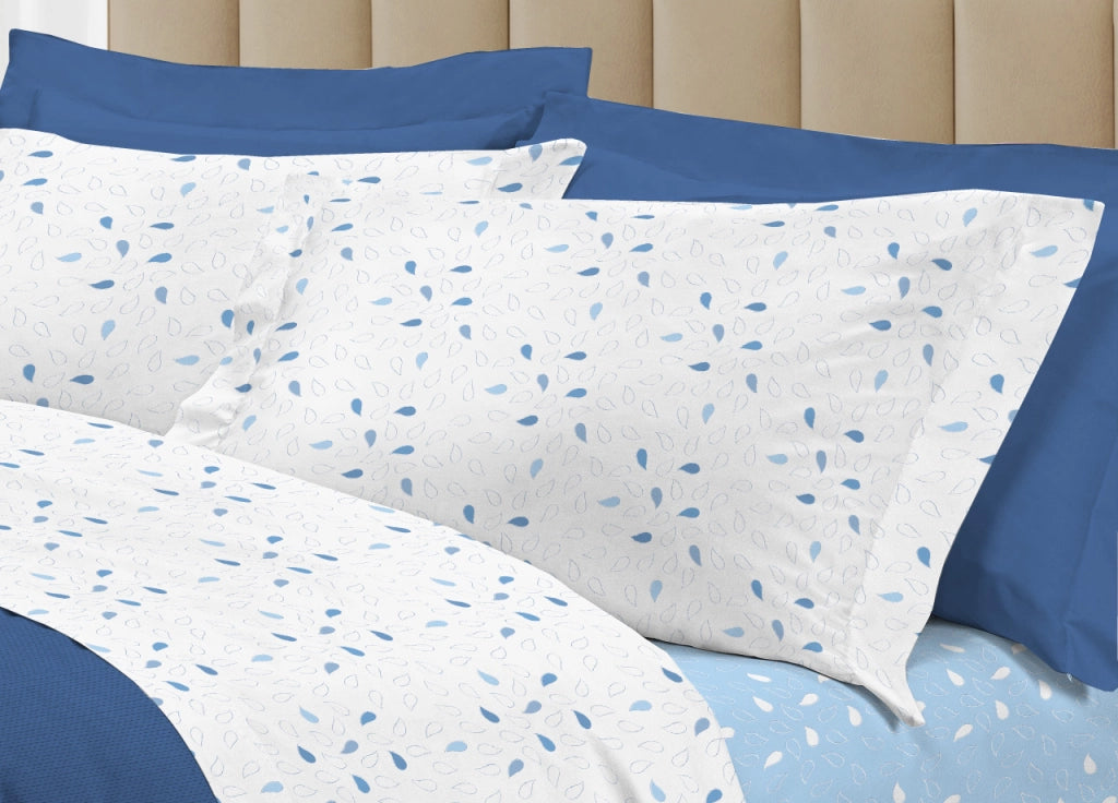Completo Lenzuola Letto 100% Cotone Made Italy 3027 Disegno Goccia - Piazza E Mezza - Azzurro