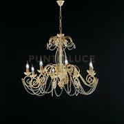 Lampadario in ferro laccato avorio con decorazione effetto decapè e rifiniture oro antico con strass in cristallo 8 luci
