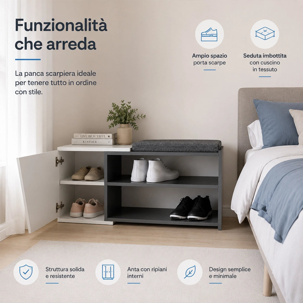Panca Scarpiera Ingresso Casa 2 Ripiani Porta Scarpe con Anta e Cuscino Bianco