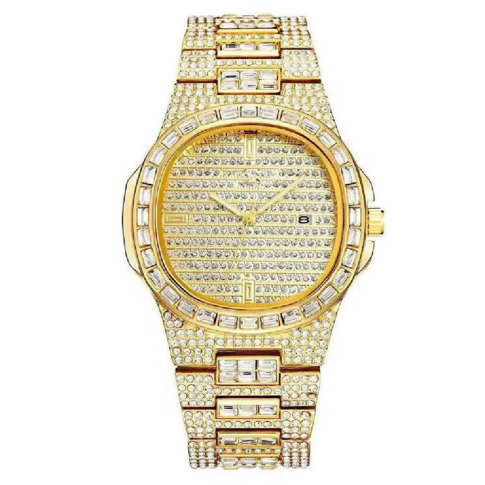 Trade Shop - Orologio Polso Donna Acciaio Moda Brillantini Strass Calendario Analogico Dorato -