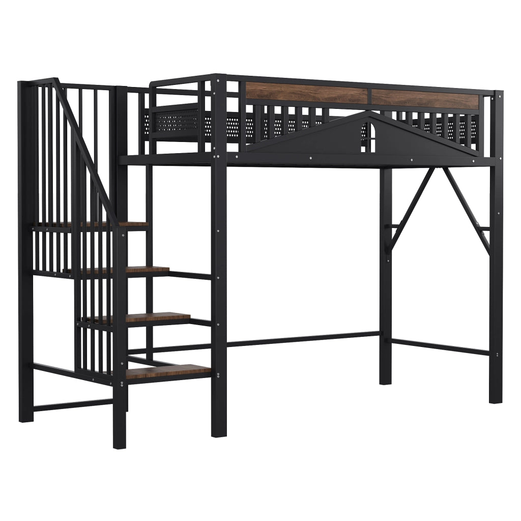 Letto a soppalco 90 x 200 cm singolo con scala di sicurezza; vani portaoggetti e barriera; senza materasso; nero