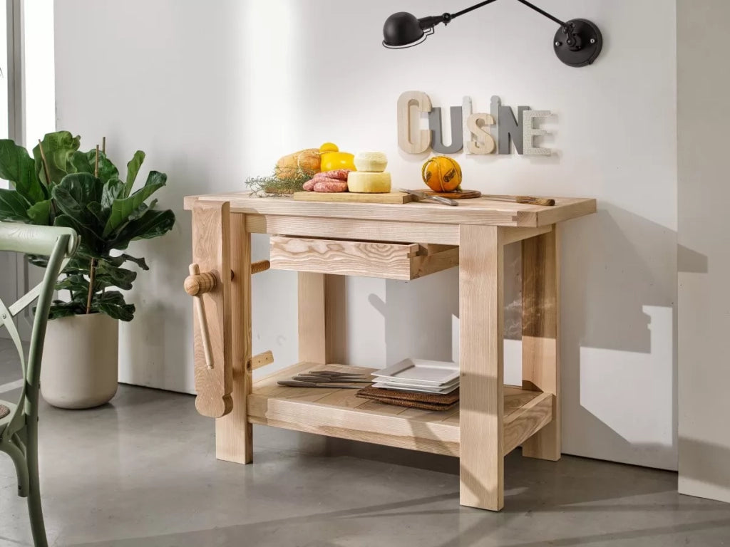banco da falegname in legno massello con morsa grezzo 120x56x88 - Mobili 2G