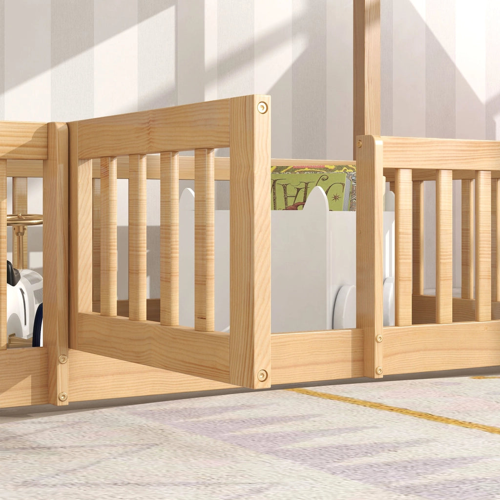 OKWISH Letto a Castello 90×200 cm, Letto Singolo con Scala Dritta, Sponde e Porta, senza Materasso, in Legno Massello, Naturale
