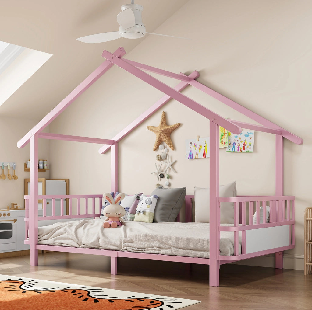 Letto per bambini in metallo a forma di casa 90 x 200 cm con sponde di sicurezza; rosa