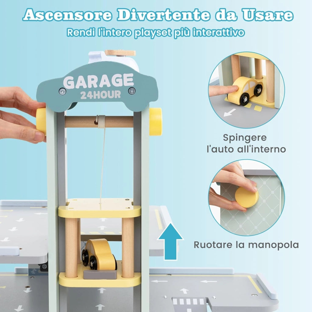 Set di Gioco Garage per Parcheggio, Garage di Giocattolo in Legno a 3 Strati con 4 Auto, Stazione di Servizio, Ascensore, Barra di Sollevamento, per Bambini di 3+ Anni