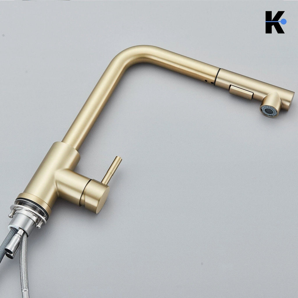 FELIX | rubinetto estraibile di alta qualità in acciaio inox oro opaco | miscelatore bocca dritta | rubinetto catering alta pressione 360° 2 attacchi