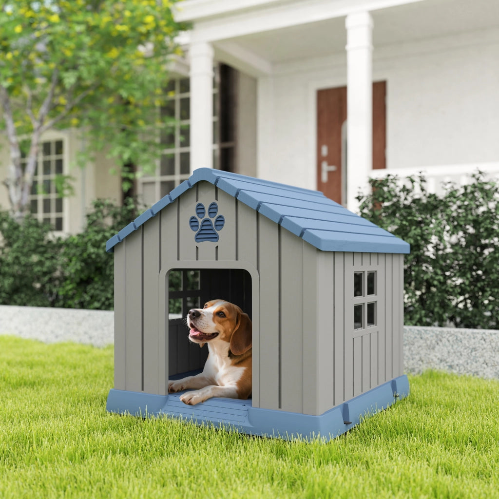 Casetta per Cani Taglia Media da Esterno Impermeabile con Base Rialzata e Finestre, 85x79x82 cm, Grigio