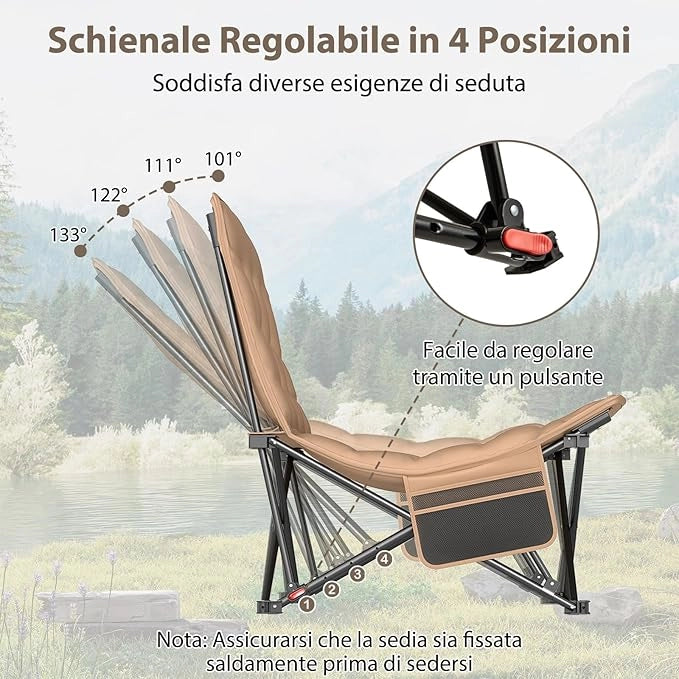 Sedia da Campeggio Pieghevole, Lounge Recliner Portatile con Schienale Regolabile, Sedile Imbottito con Borsa da Trasporto, per Esterno Giardino Cmapeegio, Portata 225 kg