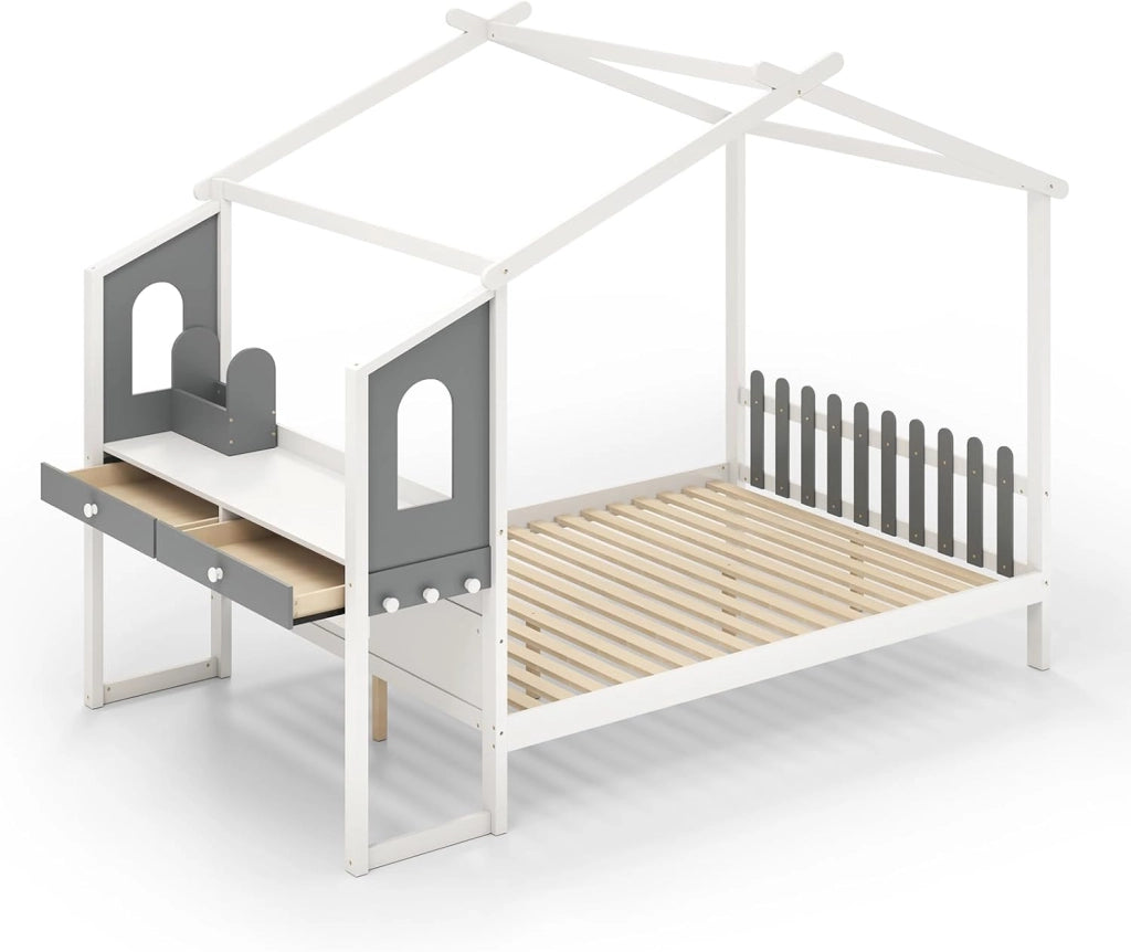 Telaio per letto a forma di casa con scrivania, letto capanna per bambini con vassoio rimovibile, cassetti, ganci, doghe in legno, per ragazzi e ragazze, nessuna rete necessaria (140 x 200 cm)