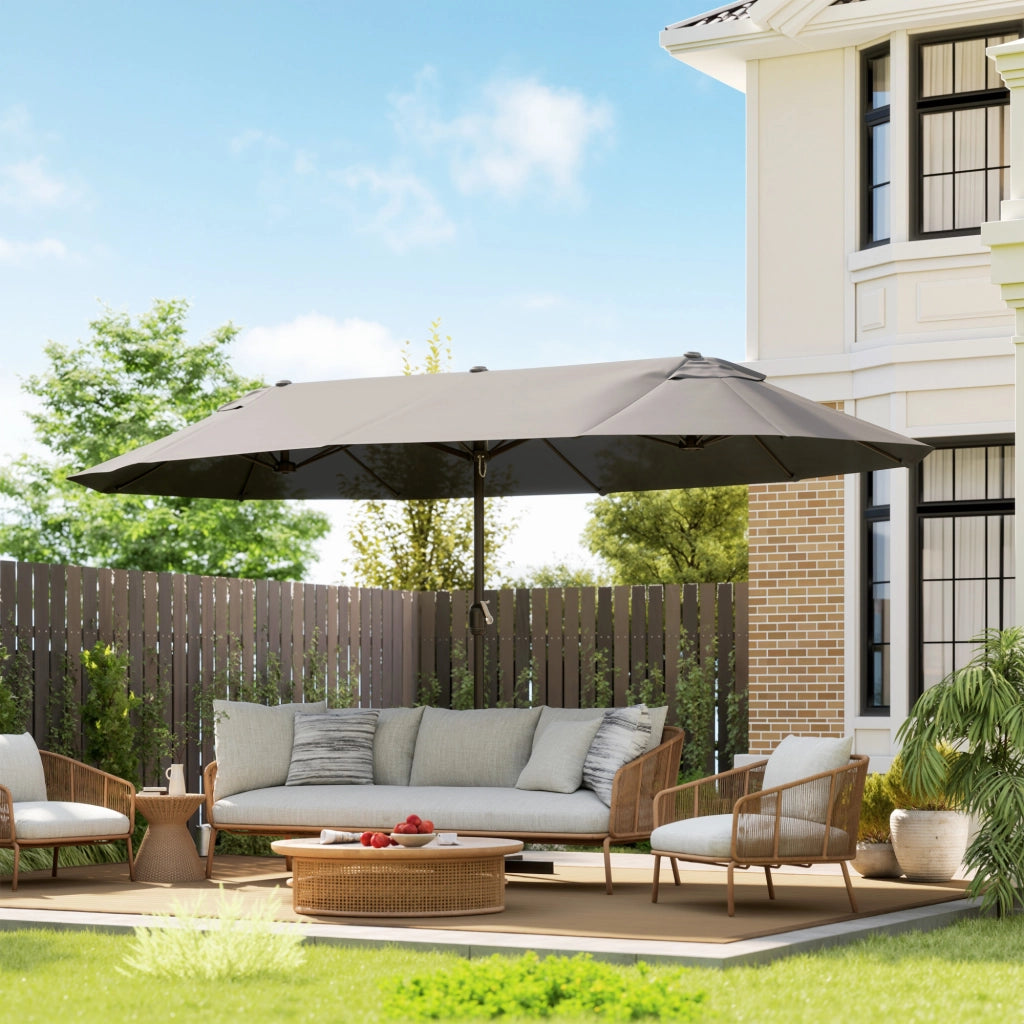 Ombrellone Doppio a 12 Stecche con Base a Croce e Manovella, in Acciaio e Poliestere, 455x265x238 cm, Grigio