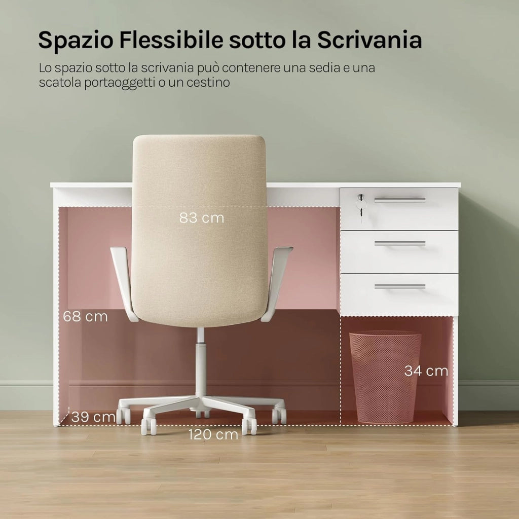 Scrivania con 3 Cassetti, 120x60 cm, Bianco, Tavolo da Lavoro, Scrivania per Computer, Porta PC in Legno