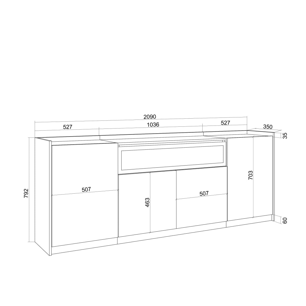 Credenza, Mobile, Cucina, 207x80x37 cm, 4 Porte, Camino elettrico, Rovere e nero