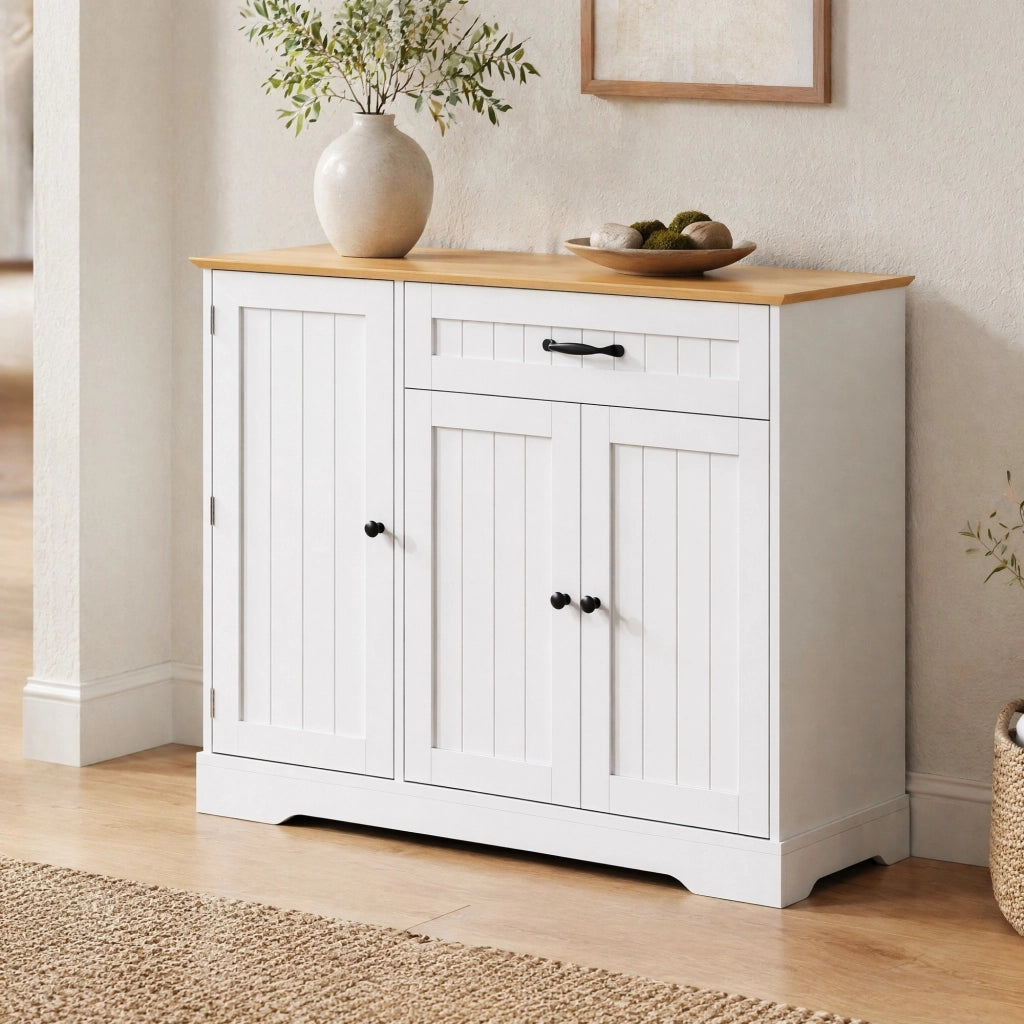 Credenza con 3 ante e cassetto; ripiani regolabili e vano portabottiglie in MDF bianco e naturale per soggiorno