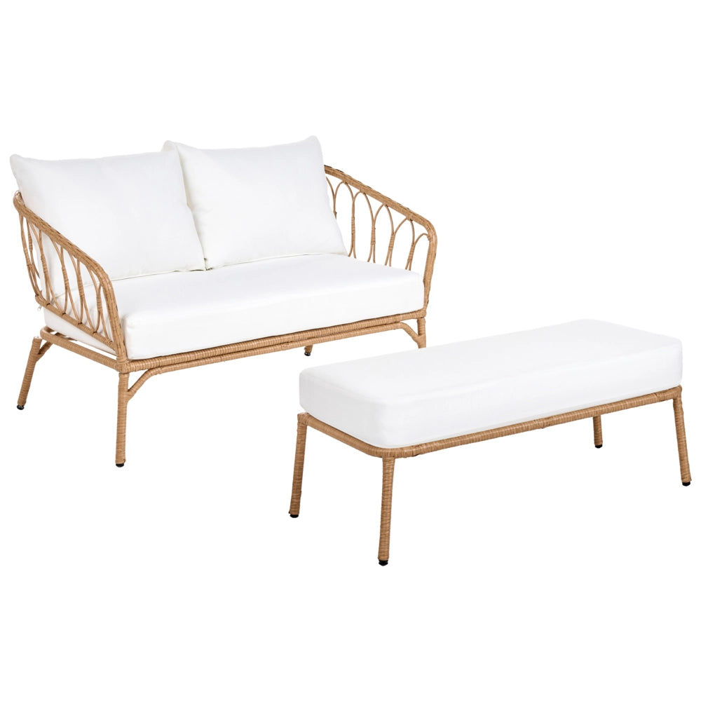 Divano da Giardino con Panca in Rattan PE Marrone Chiaro 2 Posti Struttura in Acciaio e Gambe in Metallo Cuscini Bianco Sporco Arredo da Esterno