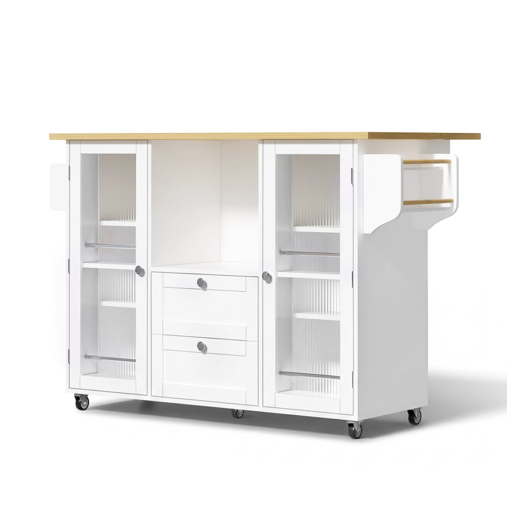 Isola da cucina su ruote con piano ribaltabile 120x45(70)x92 cm in MDF natural e bianco
