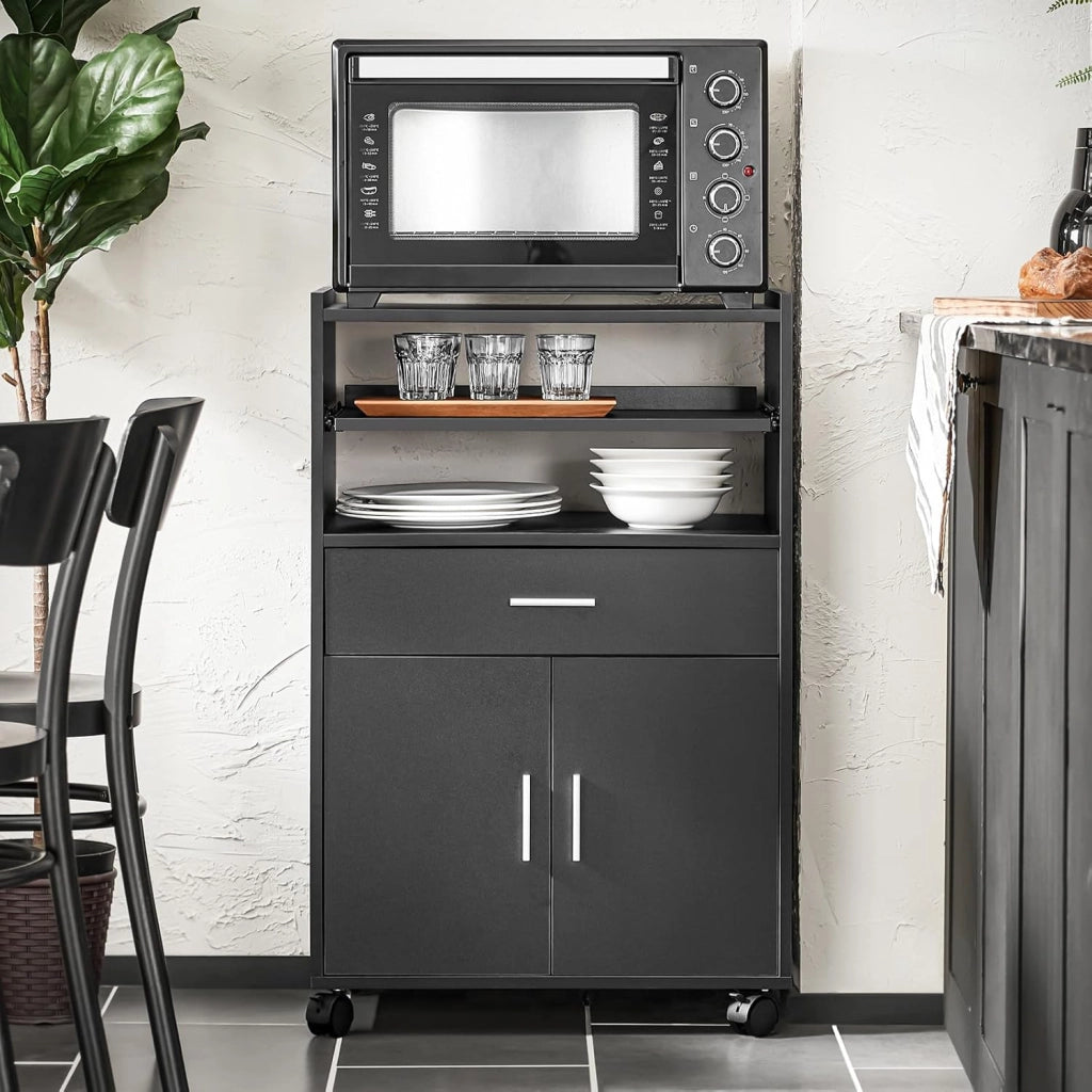 Mobiletto Cucina con Ruote e Piano Estraibile – Mobile Cucina Salvaspazio con Cassetto e Ante, Credenza Cucina, Carrello Cucina per Microonde, Ufficio o Sala da Pranzo Nero 59×40×92 cm FSB09-SCH