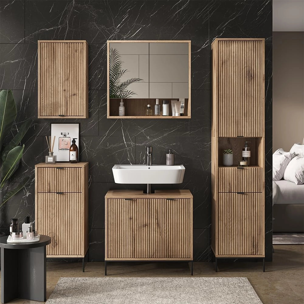 Set di mobili da bagno Eliza, Quercia vichinga, 70 cm, composto da mobile sottolavabo, specchiera, colonna, base media e pensile