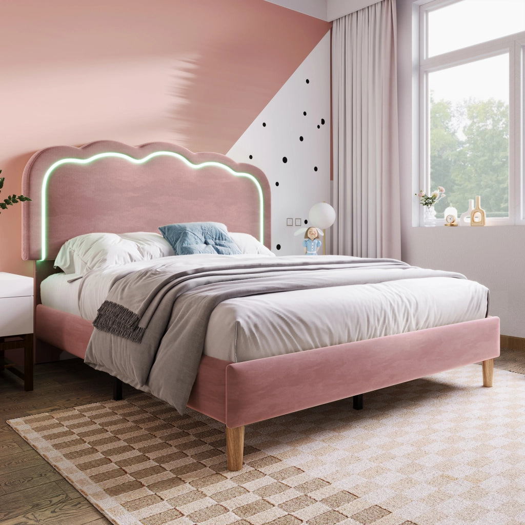 Letto matrimoniale LED – 140x200 cm – testiera regolabile rete – velluto rosa