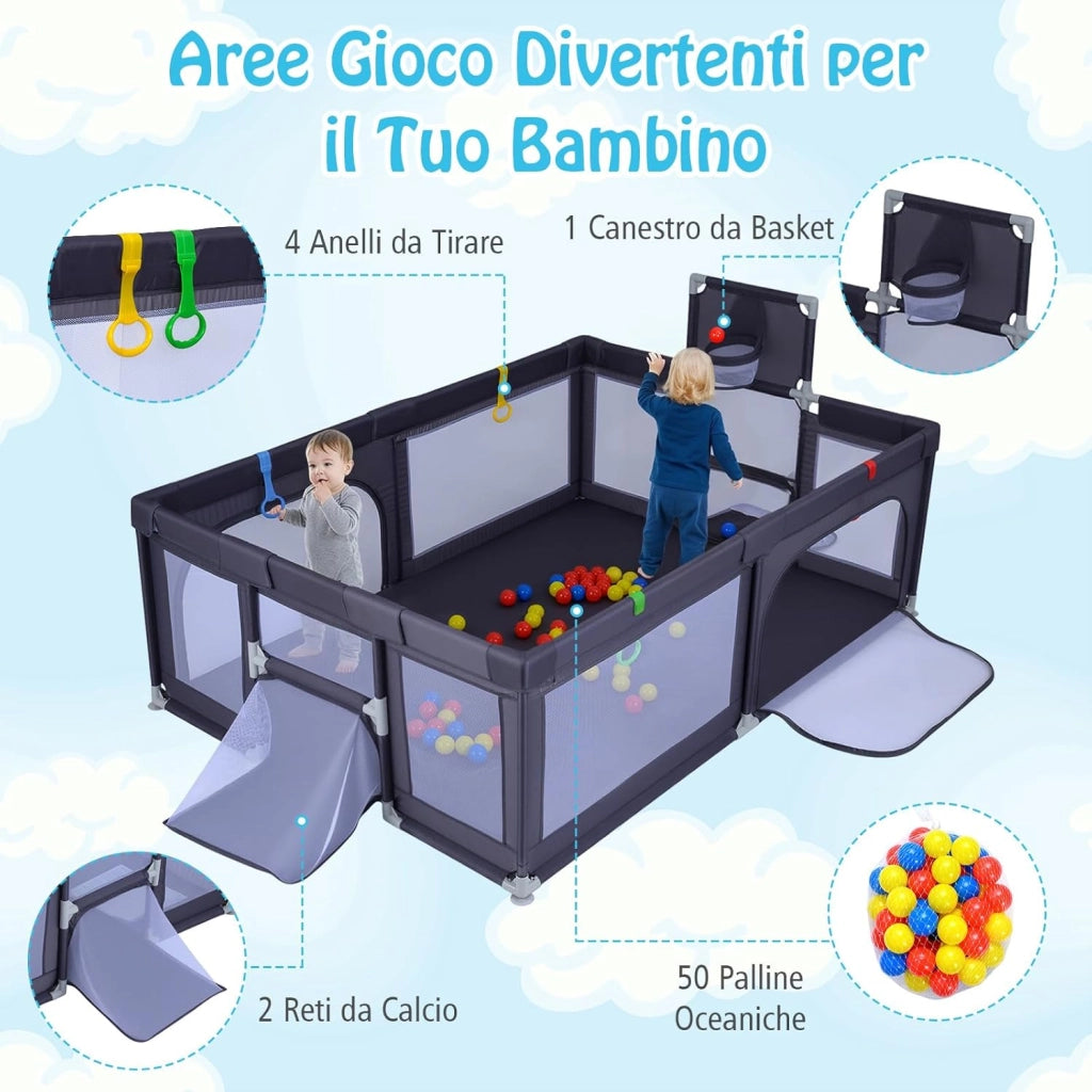 Box Neonati 210 x 150 cm, Recinto Bambini Pieghevole con Canestro da Basket e 2 Porte da Calcio, Parco Giochi con 50 Palline, 4 Anelli e Borsa Trasporto, per Bambini 0-3 Anni (Grigio Scuro)