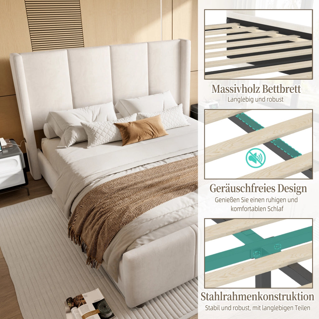 LETTO imbottito 140x200 cm velluto beige con USB